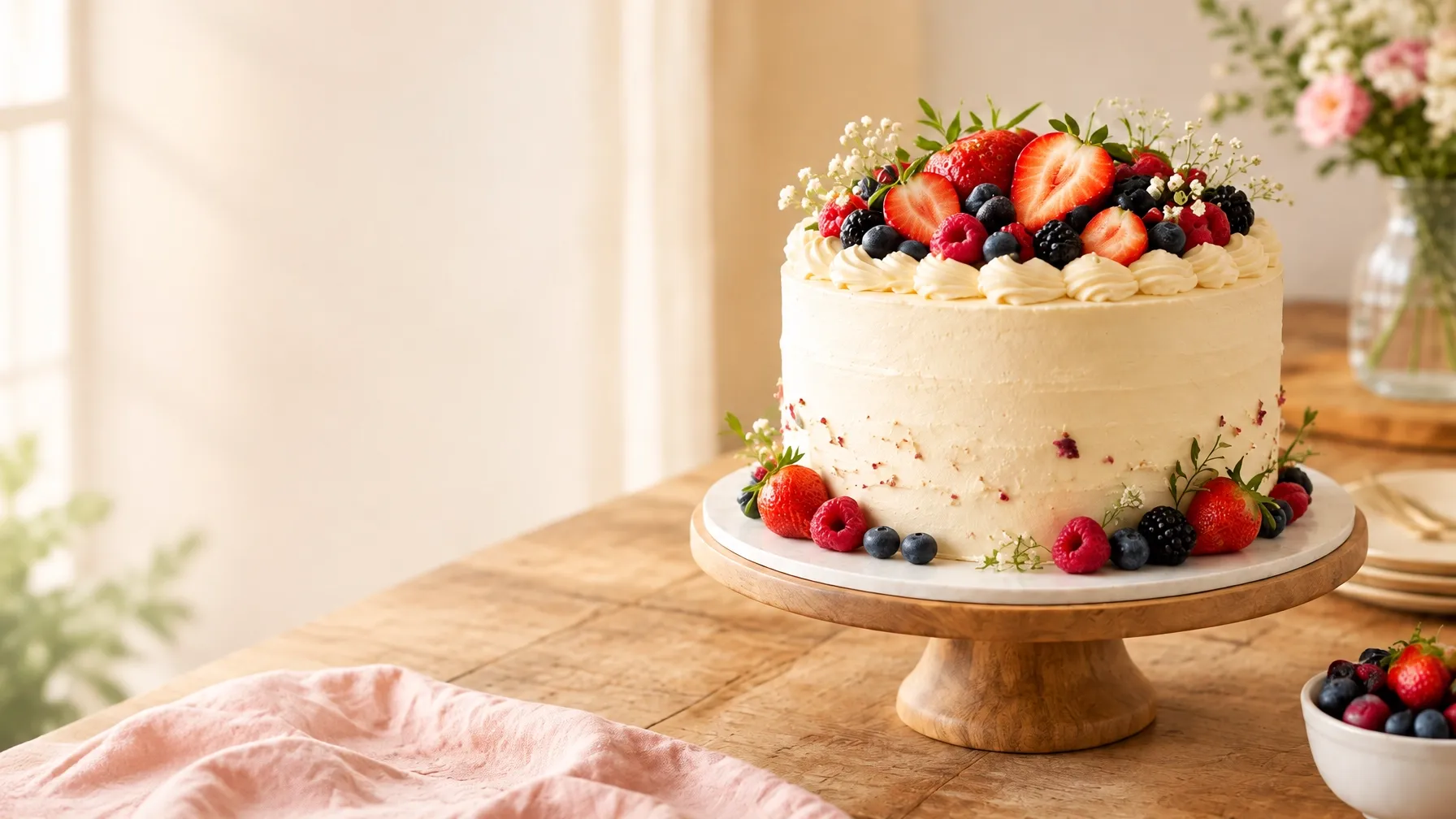 Ivory celebration cake topped with fresh berries on a wooden cake stand